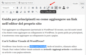 pulsante Inserisci Modifica link editor visuale WordPress